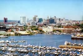 [photo, City skyline with marinas on Patapsco River (from Canton), Maryland]